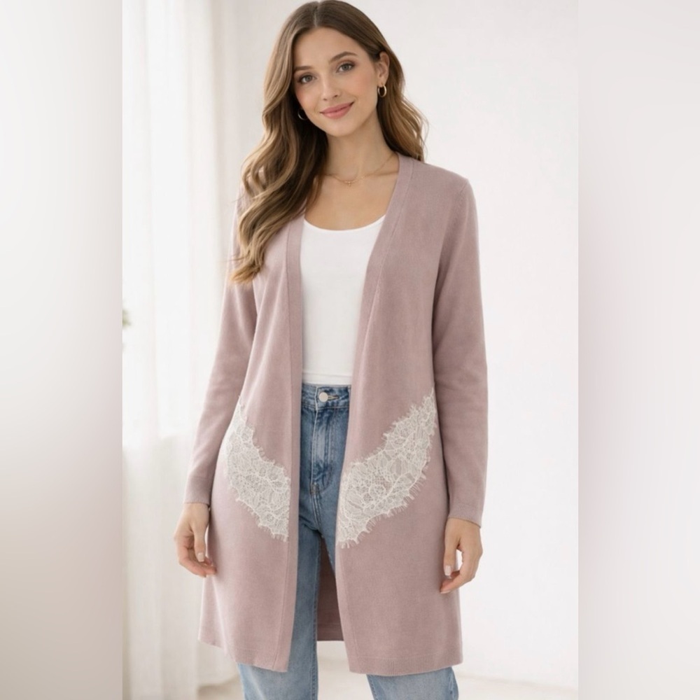 Soma Cardigan Open Front Mauve Longline Lace Trim Duster Sweater Size M